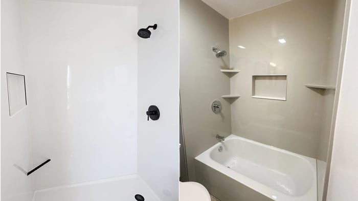 A side-by-side of a solid white walk-in shower on the left and a brown wall standard shower on the right