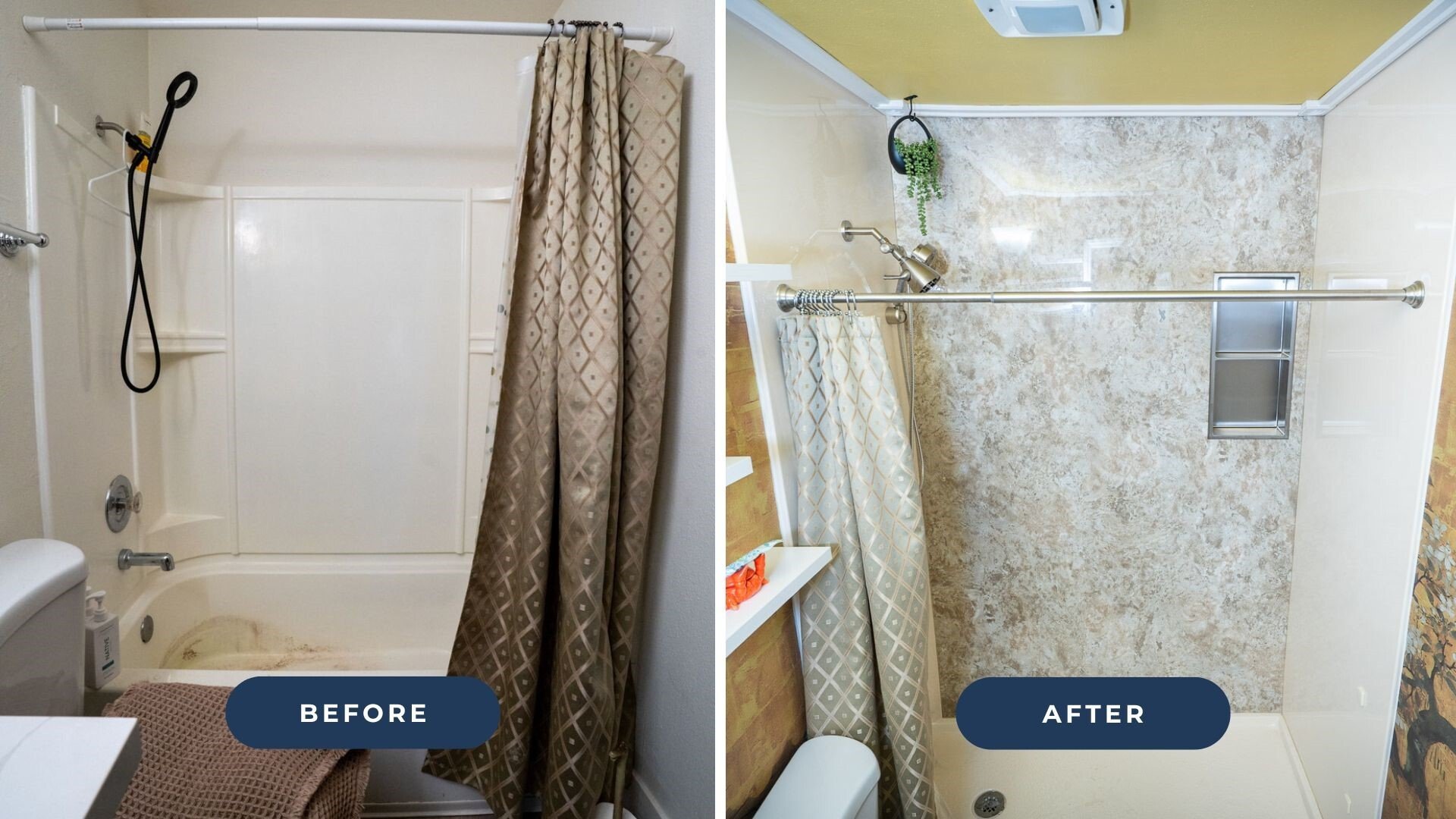 Before and after photos of a shower that hasn't been remodeled and a new shower remodel.