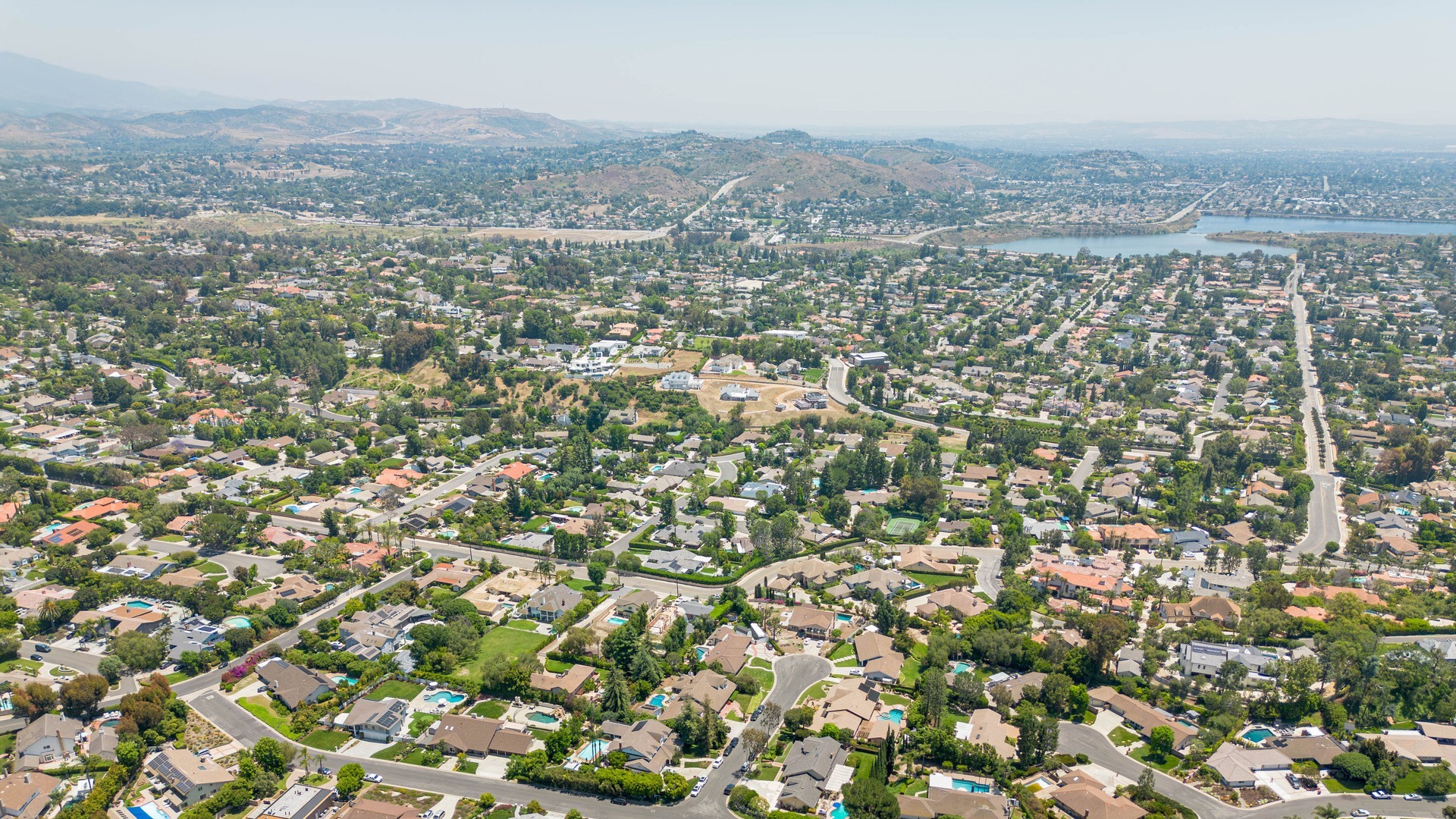 A drone shot of a residential area of Orange County