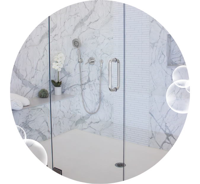 Calcutta Marble Shower Remodel with Custom Bench