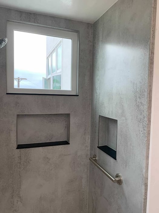 Shugarmans Bath Grey Bath Planet Cement Pattern Shower Wall Surround Walk In Shower Niche Shelving Safety Handle Brushed Nickel Hardware Oceanside Ca Shugarmans Bath Grey Bath Planet Cement Pattern Shower Wall Surround Walk In Shower Niche Shelving Safety Handle Brushed Nickel Hardware Oceanside Ca