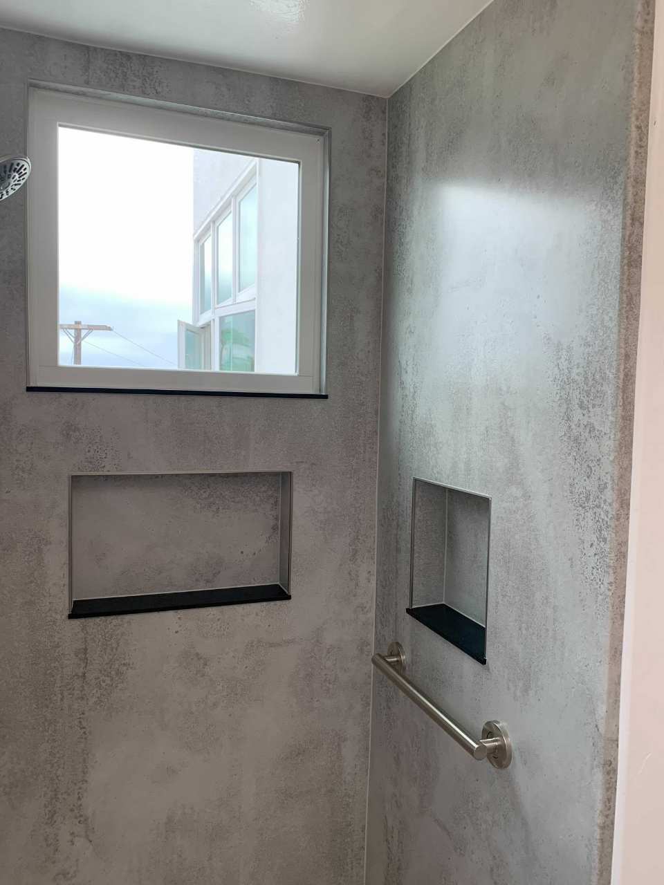 Shugarmans Bath Grey Bath Planet Cement Pattern Shower Wall Surround Walk In Shower Niche Shelving Safety Handle Brushed Nickel Hardware Oceanside Ca Shugarmans Bath Grey Bath Planet Cement Pattern Shower Wall Surround Walk In Shower Niche Shelving Safety Handle Brushed Nickel Hardware Oceanside Ca