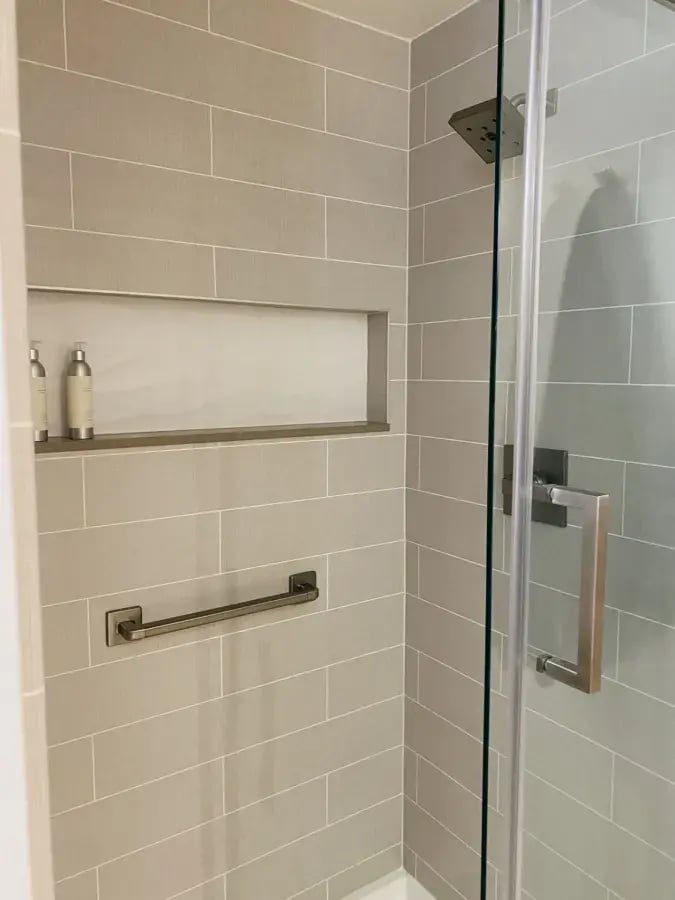 Shugarmans-Bath-Grey-Bath-Planet-subway-pattern-niche-shelving-safety-handles-brushed-nickel-hardware-walk-in-shower-sliding-glass-door-shower-head-shower-wall-surround-San-Diego-Ca