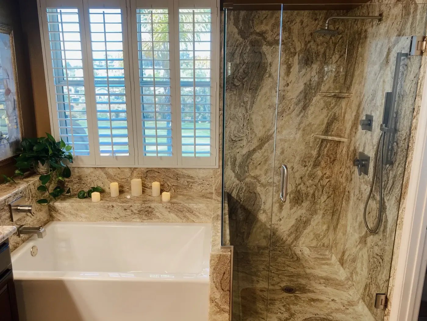 A cali combo bathtub and shower remodel with a tub on the left side and a walk-in shower on the right