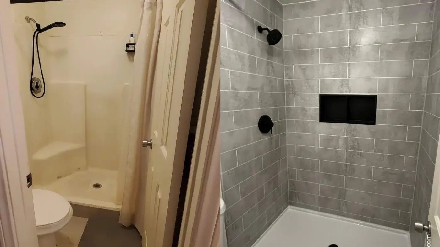 Before and after images of a shower remodel