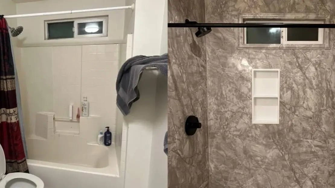 Before and after images of a tub-to-shower conversion