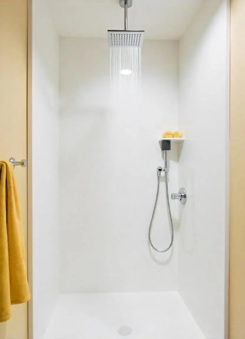 An all-white walk in shower with a rain shower head and handheld shower combo 