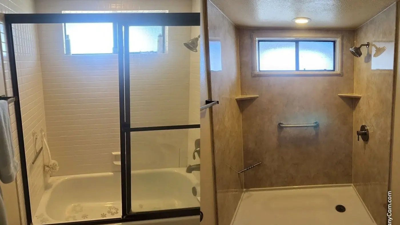 Before and after of a tub-to-shower conversion