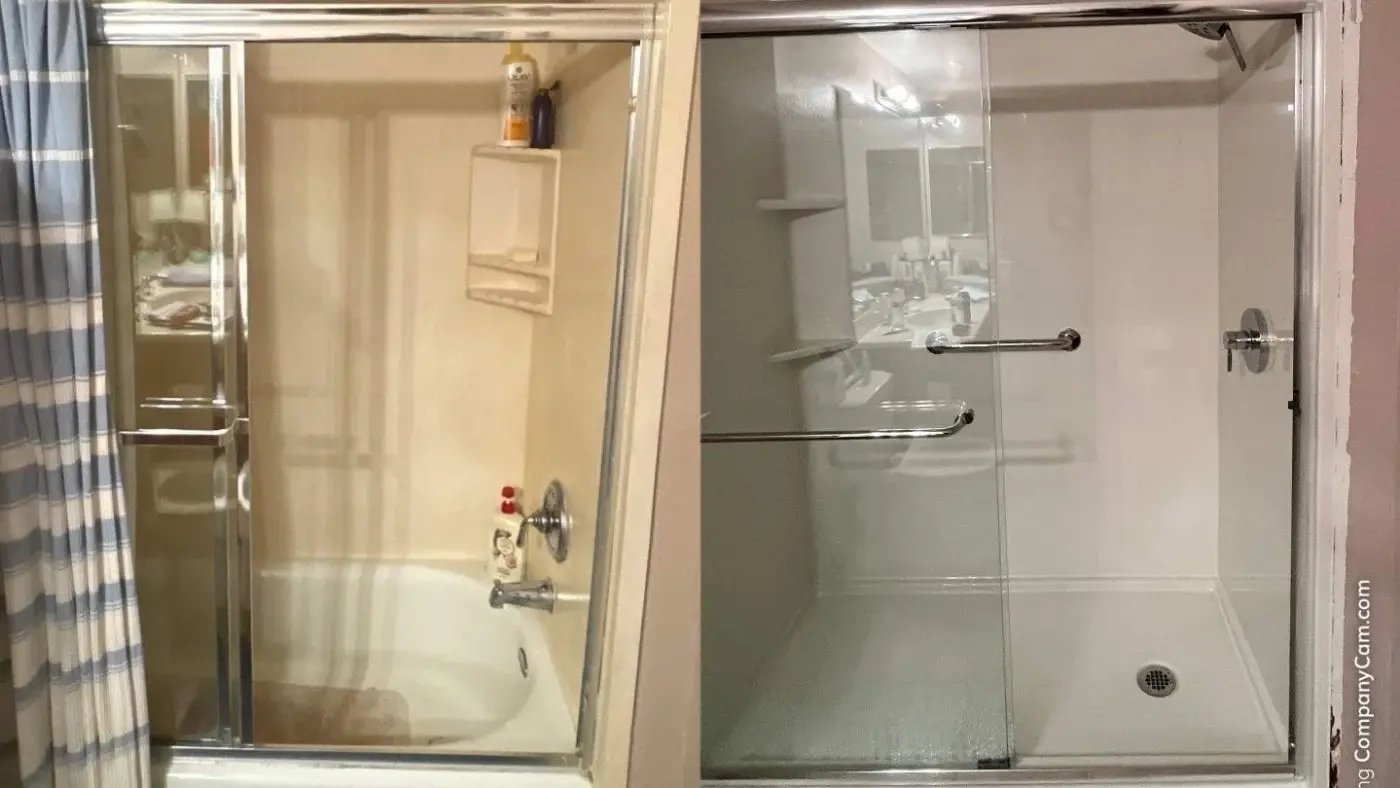 Before and after of a tub-to-shower conversion
