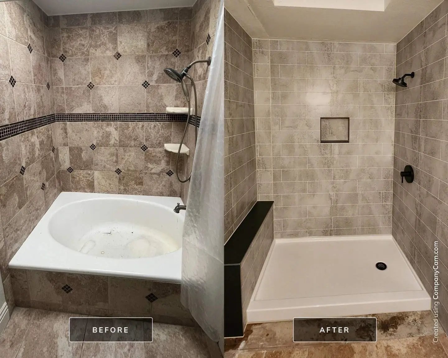 Before and after of a tub-to-shower conversion