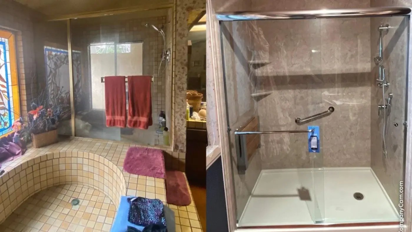 Side-by-side images with the left being a cali combo and the right a remodeled walk-in shower