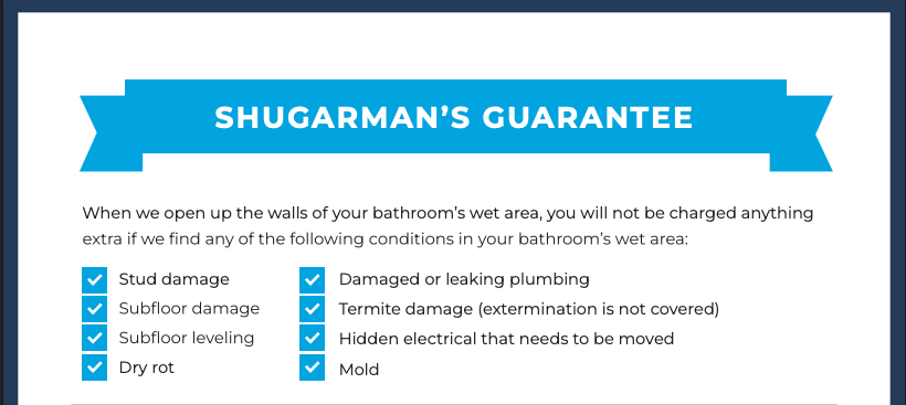 A picture of the Shugarman's Guarantee with details of what is covered in the wet area.