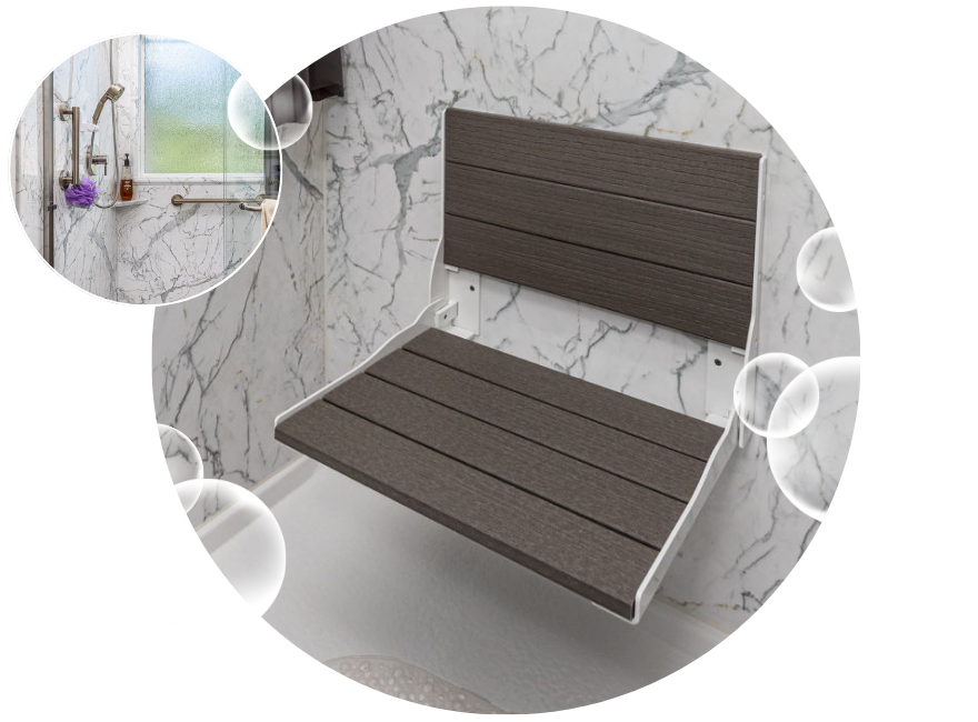 Shower with a dark wood fold-down bench and grey marble walls