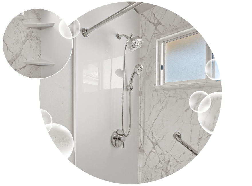White marble walk-in shower with a glass door