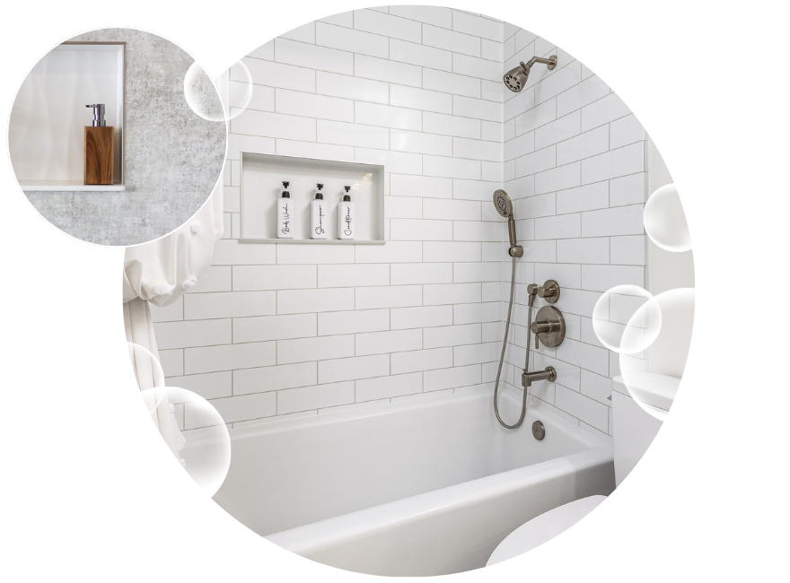 Subway tile tub and shower with a built-in niche and bronze fixtures