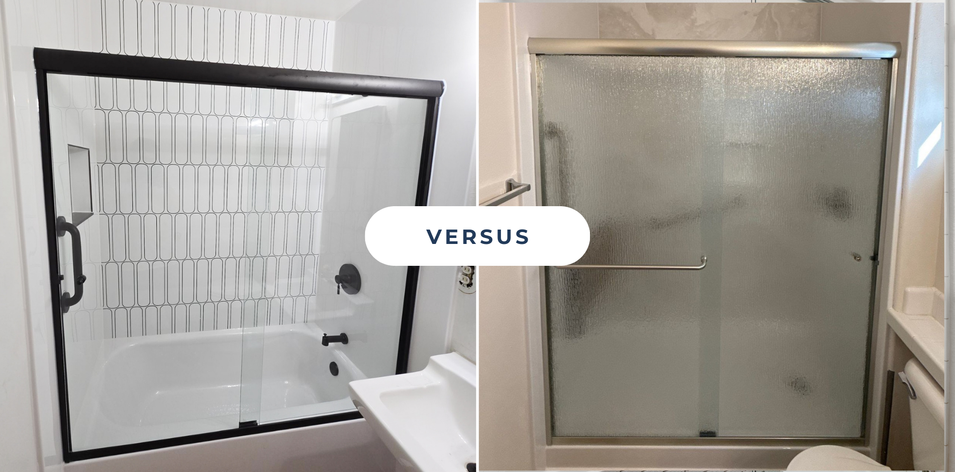 Tubs vs shower vs image, with a tub on the left side and a walk-in shower on the right.