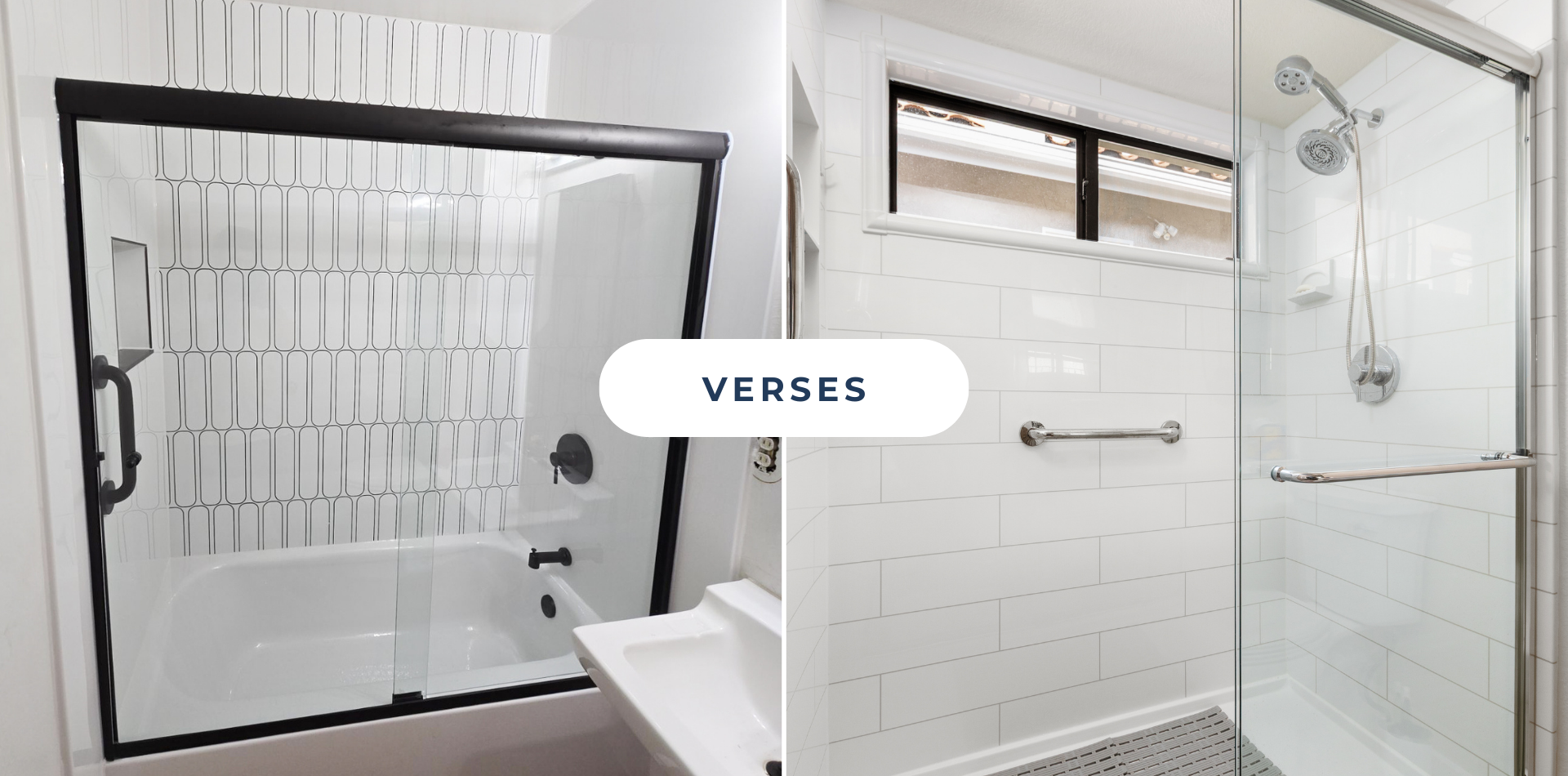 Tubs vs shower vs image, with a tub on the left side and a walk-in shower on the right.
