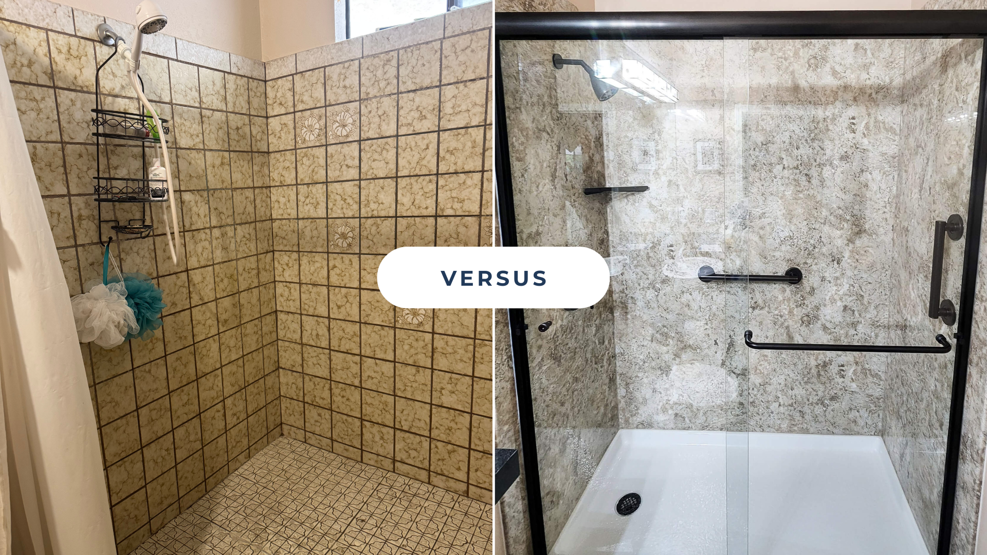 A versus image of two showers, one with tile on the left, and the other with acrylic copolymer walls on the right.