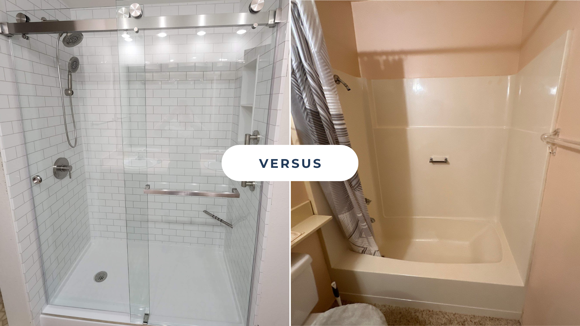 A versus image with a BP-Cor2 walk-in shower on the left and a fiberglass tub-and-shower combo on the right