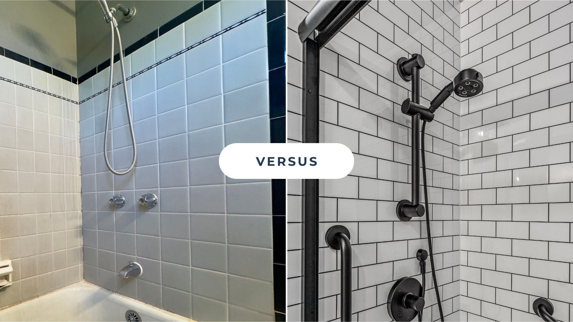 A versus picture with gray traditional shower tile on the left and white modern shower tile with black lines on the right.