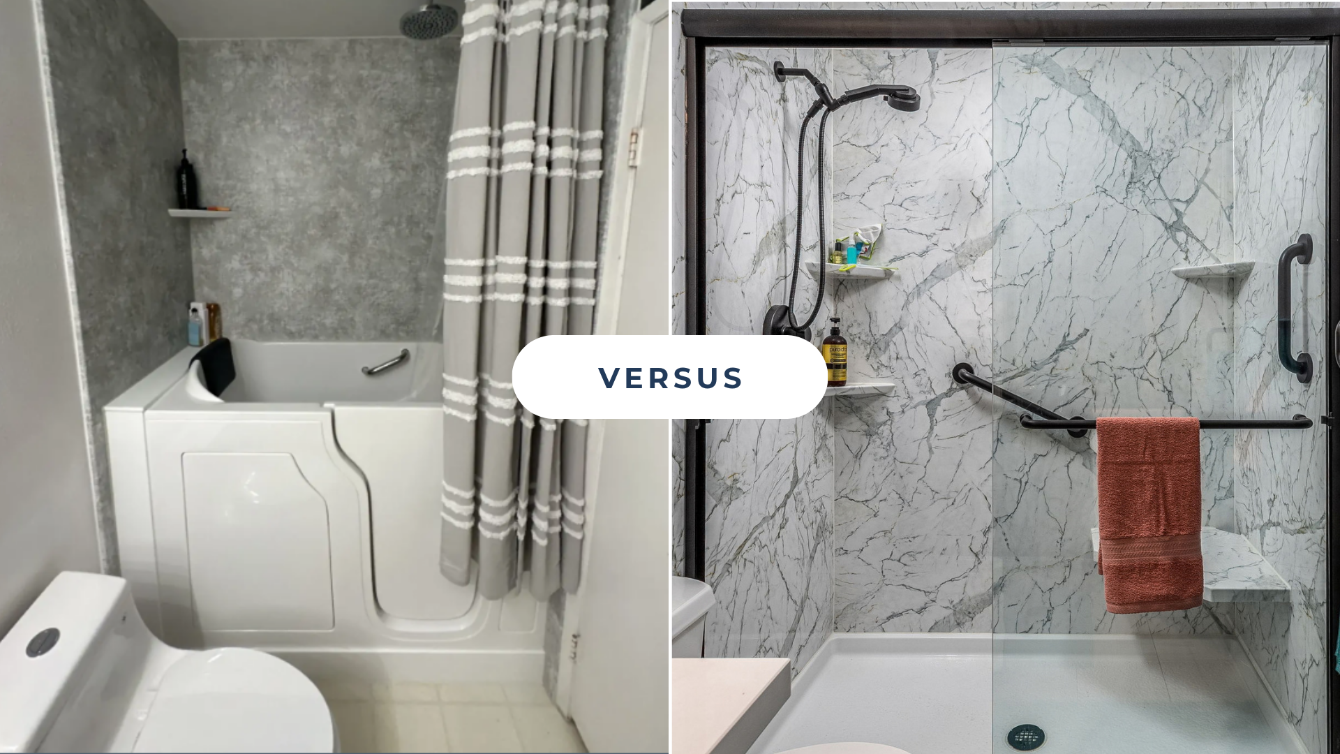 A versus image with a walk-in tub on the left side and a safe walk-in shower on the right.