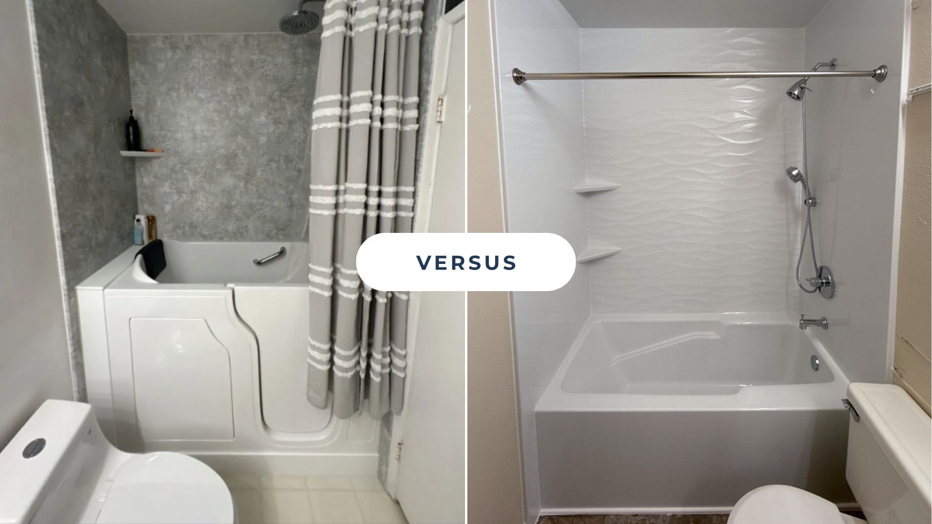 A versus image with a walk-in tub on the left side and a tub-and-shower combo on the right.