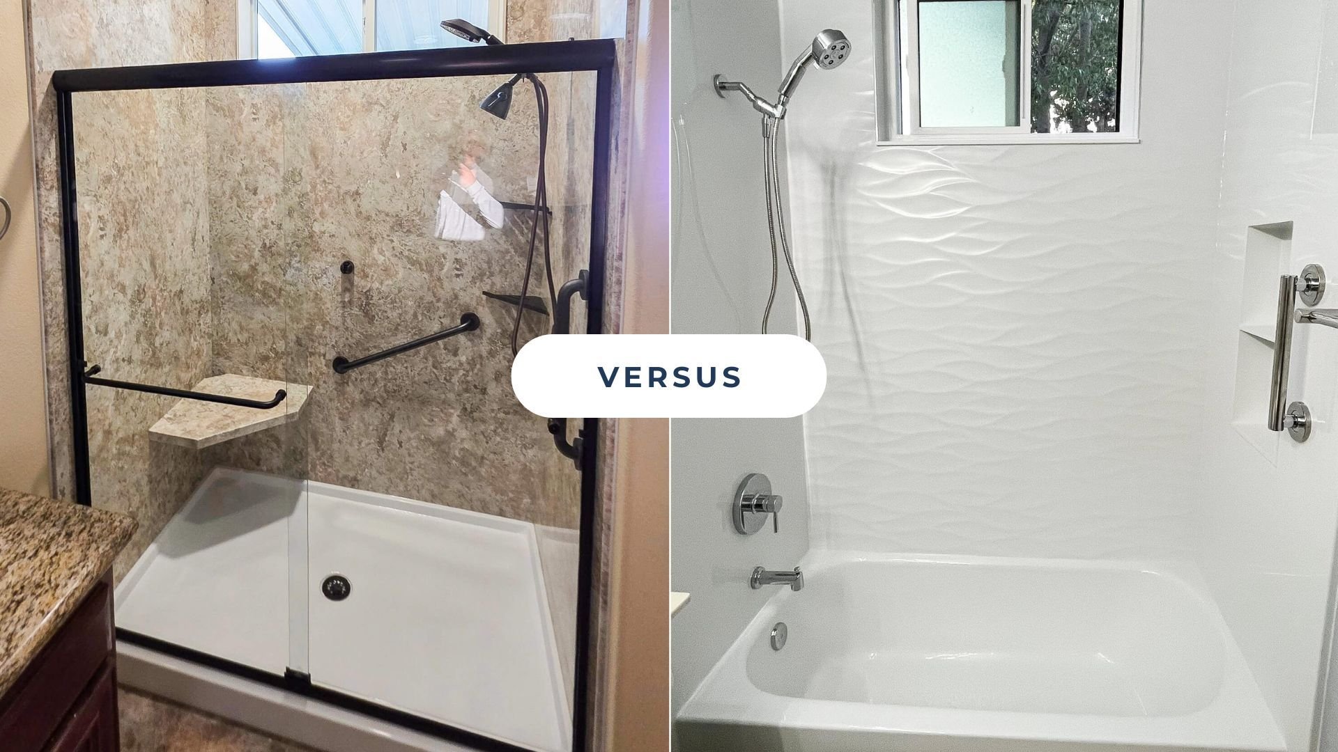 A versus image with a walk-in shower on the left and a tub and shower combo on the right. 