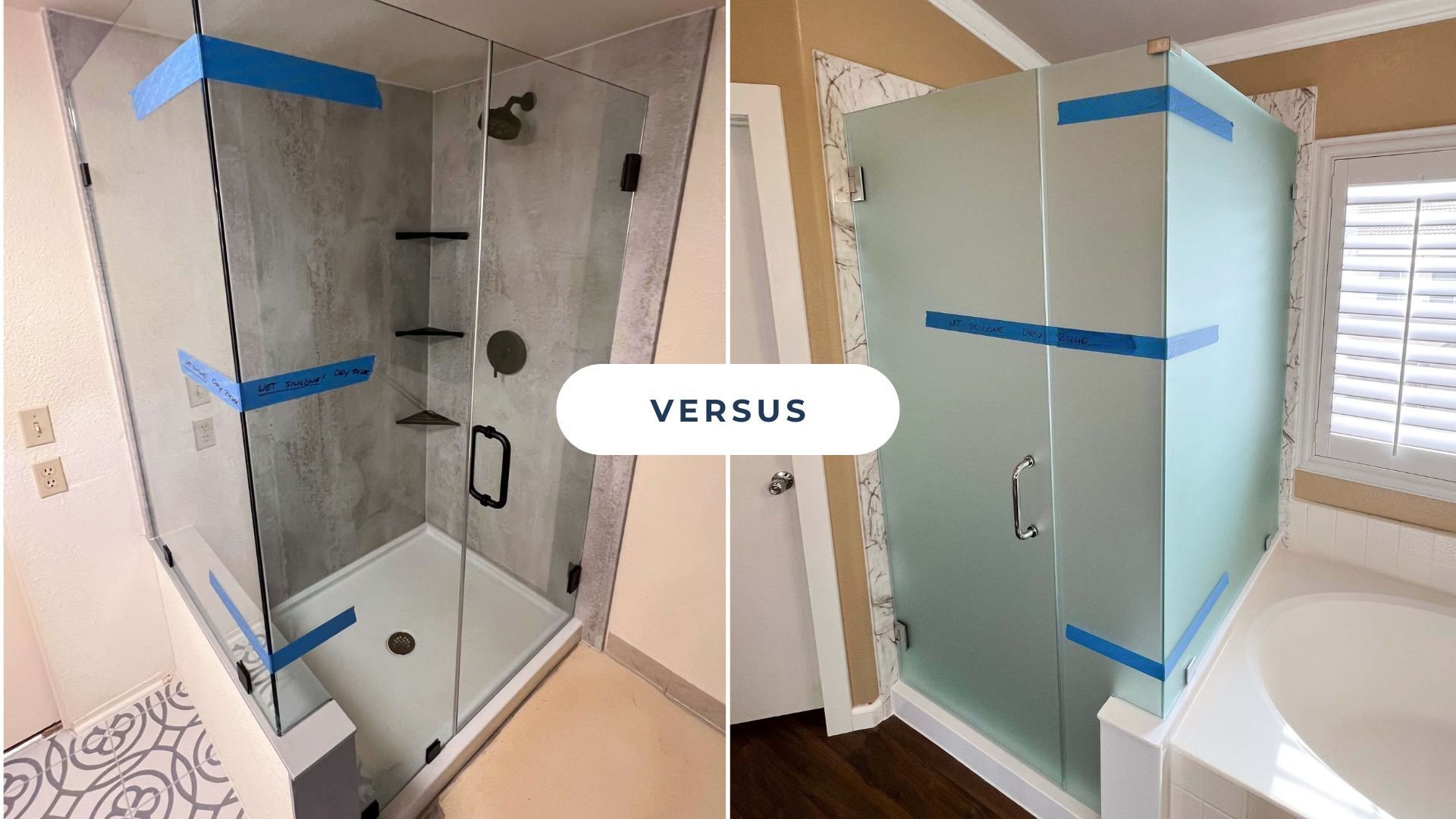 A versus image with a clear glass enclosure on the left and frosted glass on the right.