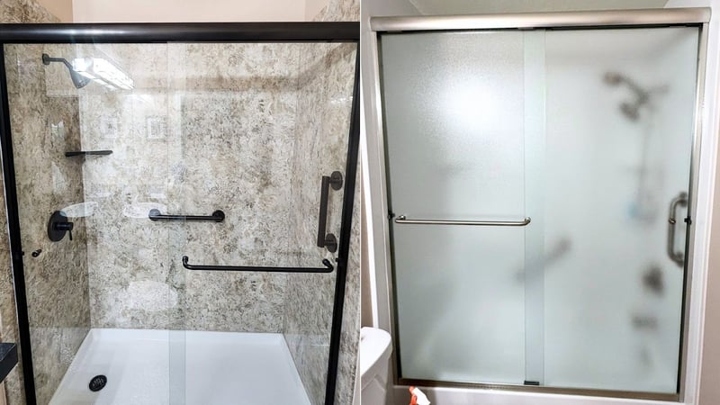 A side-by-side image of two showers. The left side has clear glass doors, while the right has frosted glass.