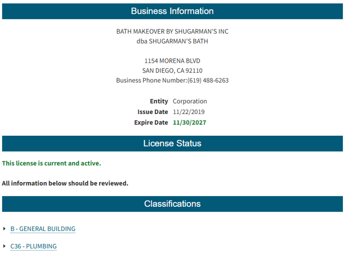 A screenshot of Shugarman's Bath with active licensing. A certified B - General Building and C36 - Plumbing classifications