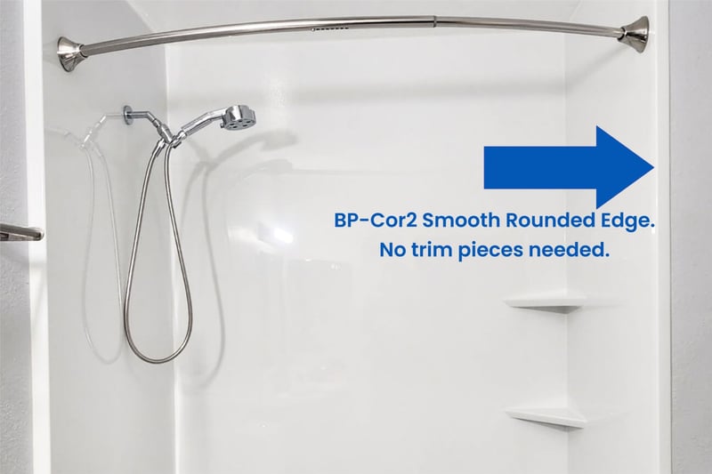 A walk-in shower with BP-Cor2 walls that have smooth rounded edges