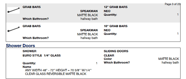 Elevate tier itemized contract showing shower doors and grab bars