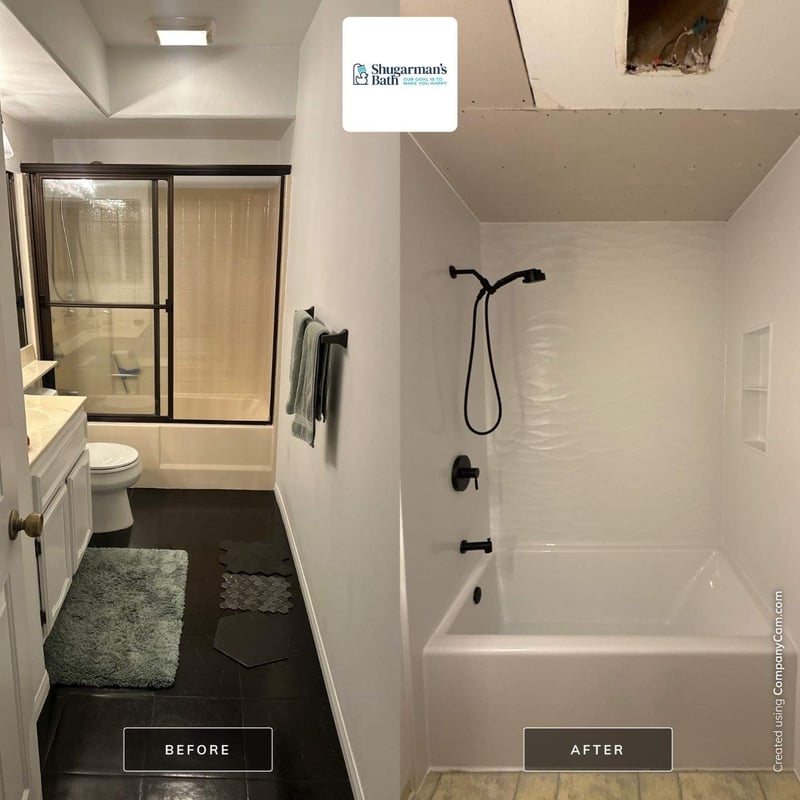 A before and after photo of a remodeled tub and shower combo with scallop walls