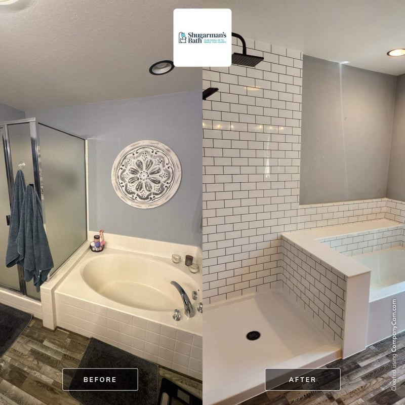 A before and after photo of a remodeled Cali combo from Shugarman's Bath