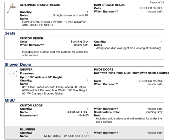 Indulge tier itemized contract with seats, shower doors, and misc