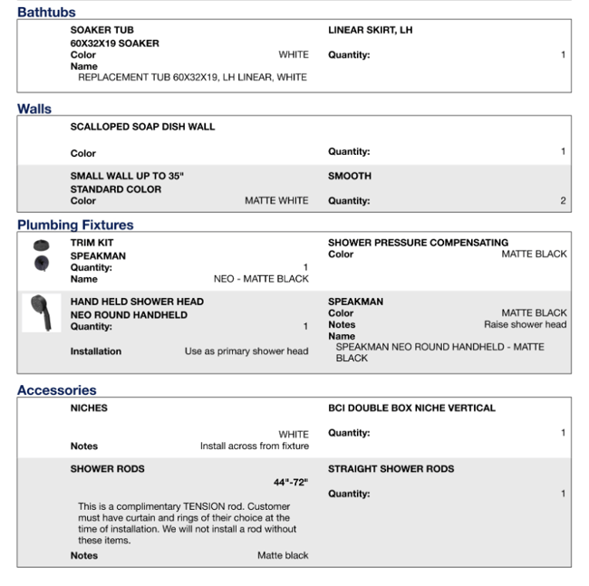 Refresh tier contract with itemizations of a bathtub, shower walls, plumbing fixtures, and accessories