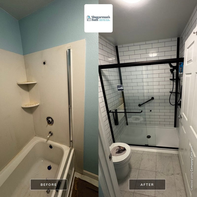 A before and after photo of a walk-in shower remodel with a tile patterned wall