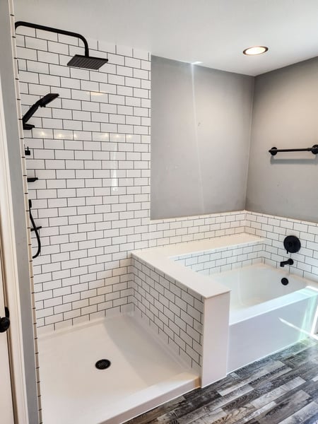A remodeled Cali combo with subway tile walls