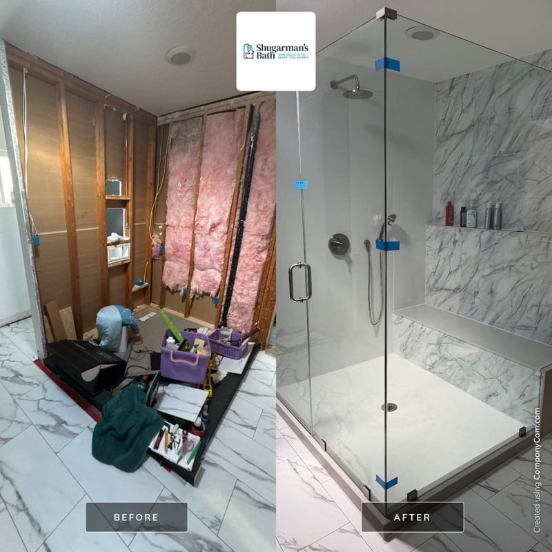 A before and after picture of a remodeled walk-in shower from Shugarman's Bath