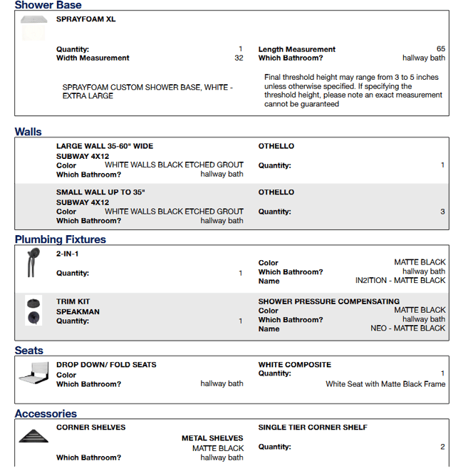 Elevate tier itemized contract showing a shower base, walls, plumbing fixtures, and seats