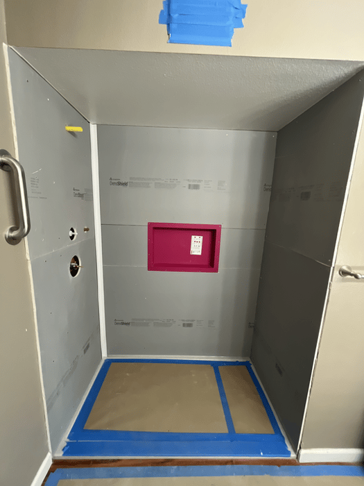 A white flash strip applied to the corner of the DensShield wall