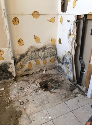 A demoed tub and shower arrea that has mold on the floor and bottom walls