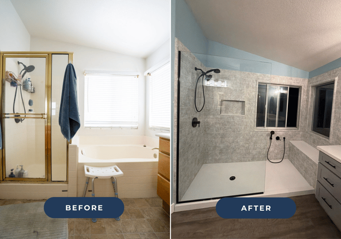 Before and after image of a cali combo converted into a large walk-in shower