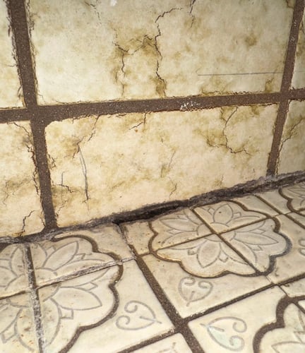 Poorly maintained tile and grout in a shower with a crack at the corner seam.
