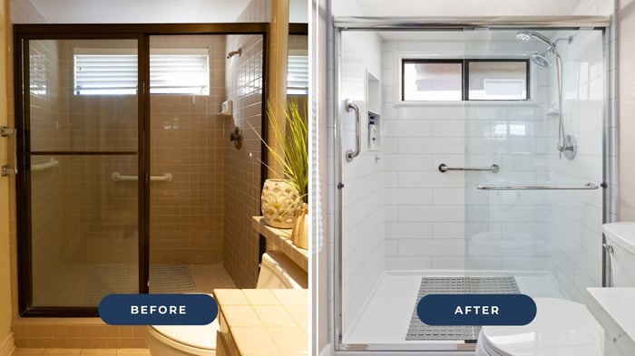 A before and after image of a shower being remodeled